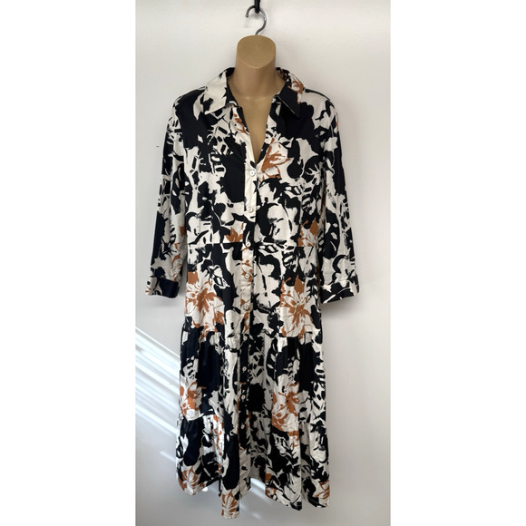 Soft Surroundings Sz 14 Moonglow Midi Dress Button Down Tiered Fall Black Brown - Picture 1 of 15